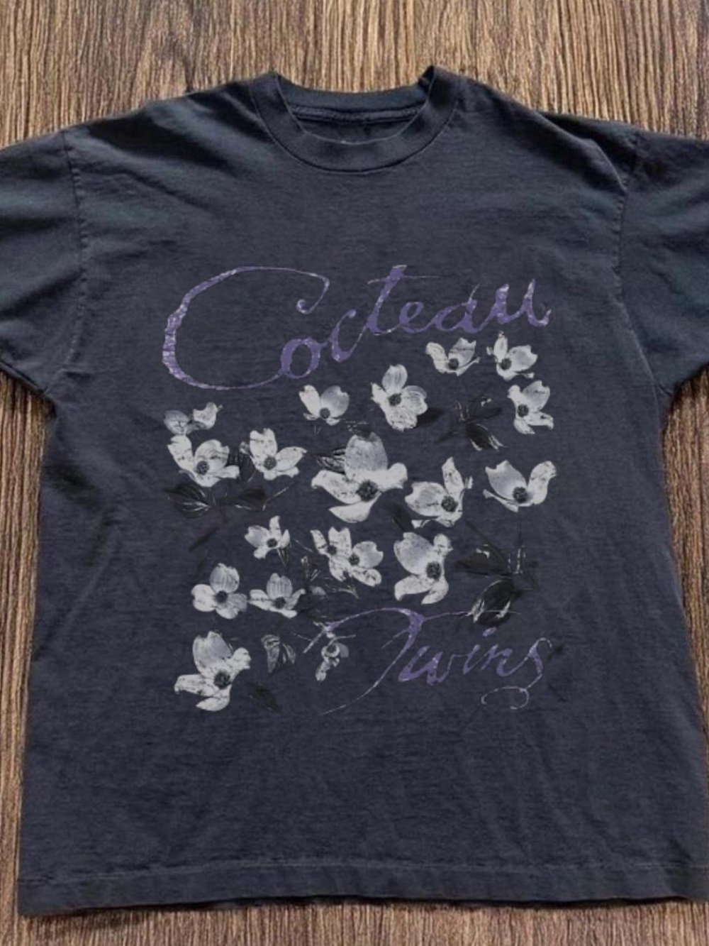 Gildan Black Short Sleeve Tee with Purple Script & White Floral Print